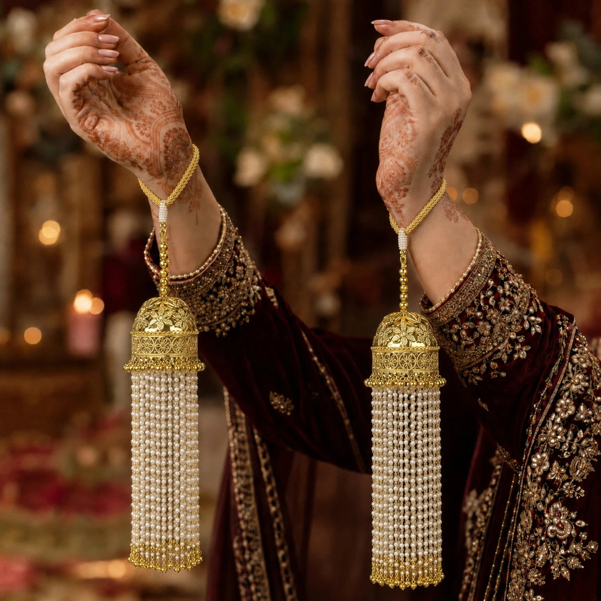 Traditional Long Gold Dome Pearl-Beaded With Ghungroo Kalira