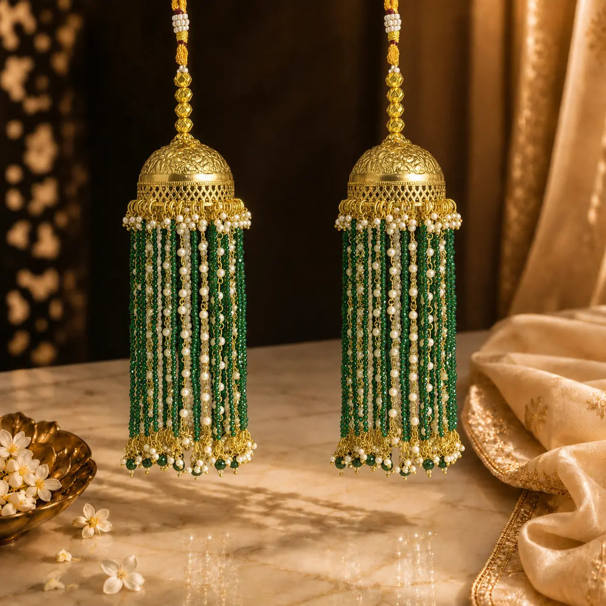 Traditional Jhumar-Style Bridal Kalira Pastel Green Bead Strands