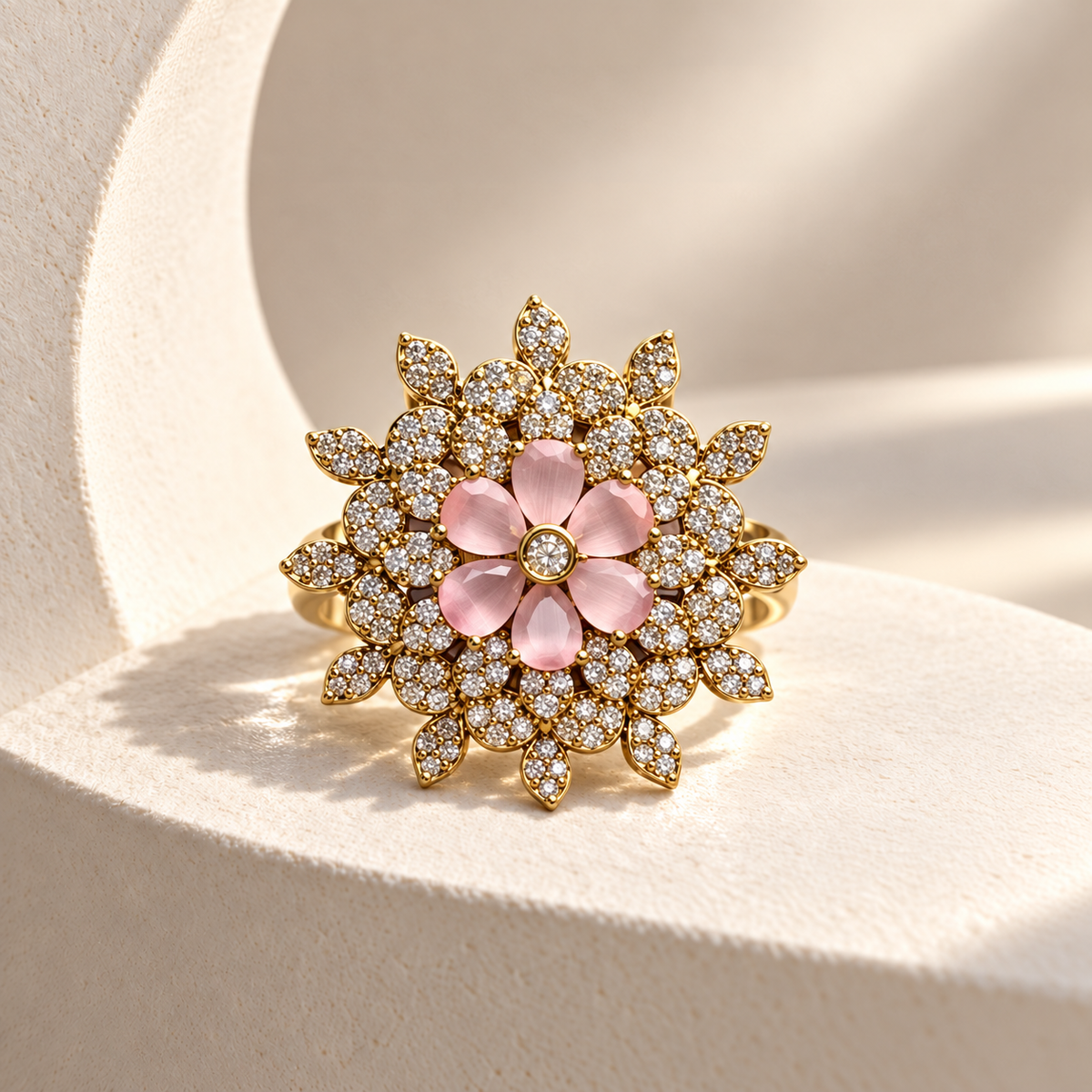 Layered Flower AD Stone Ring
