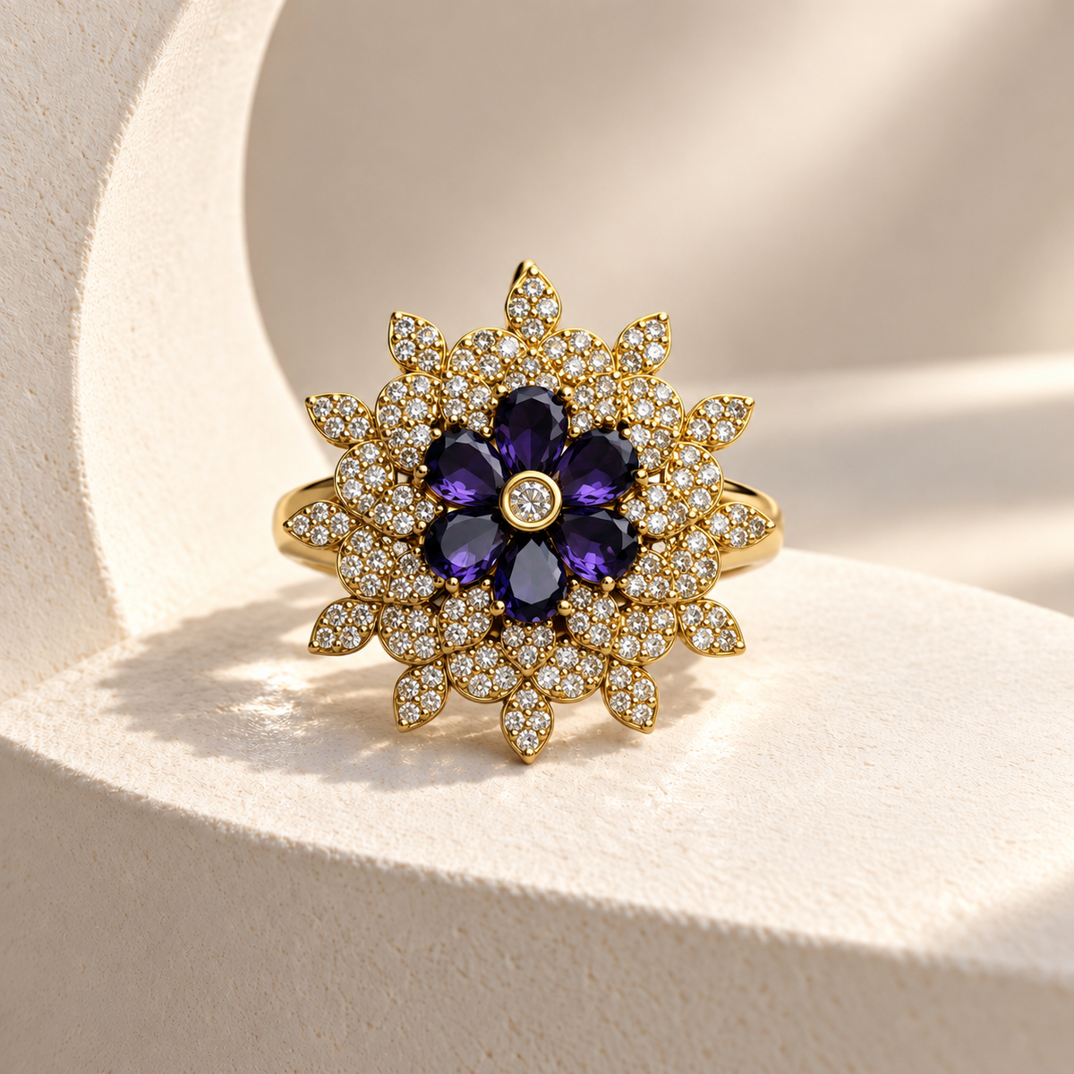 Layered Flower AD Stone Ring