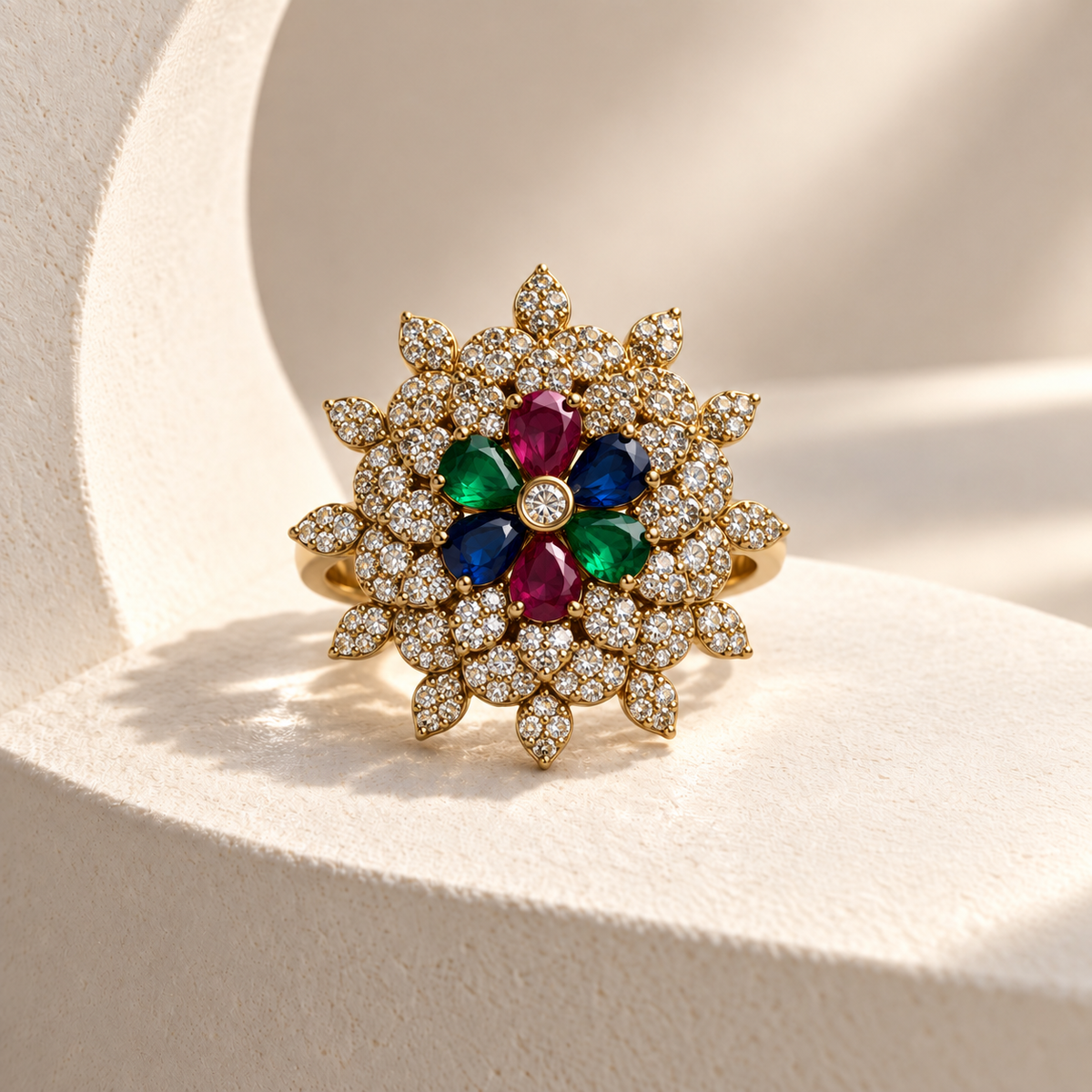 Layered Flower AD Stone Ring