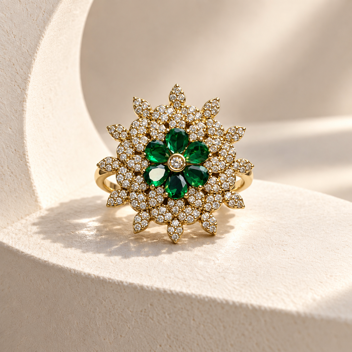 Layered Flower AD Stone Ring