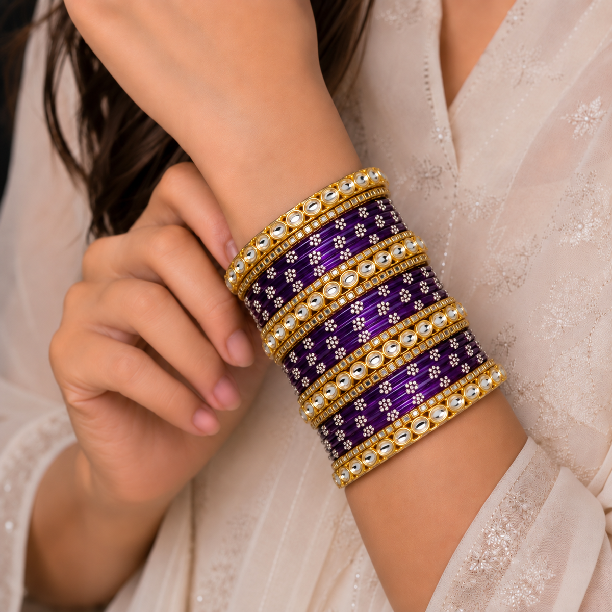 Floral Kundan Stone Bangle Set