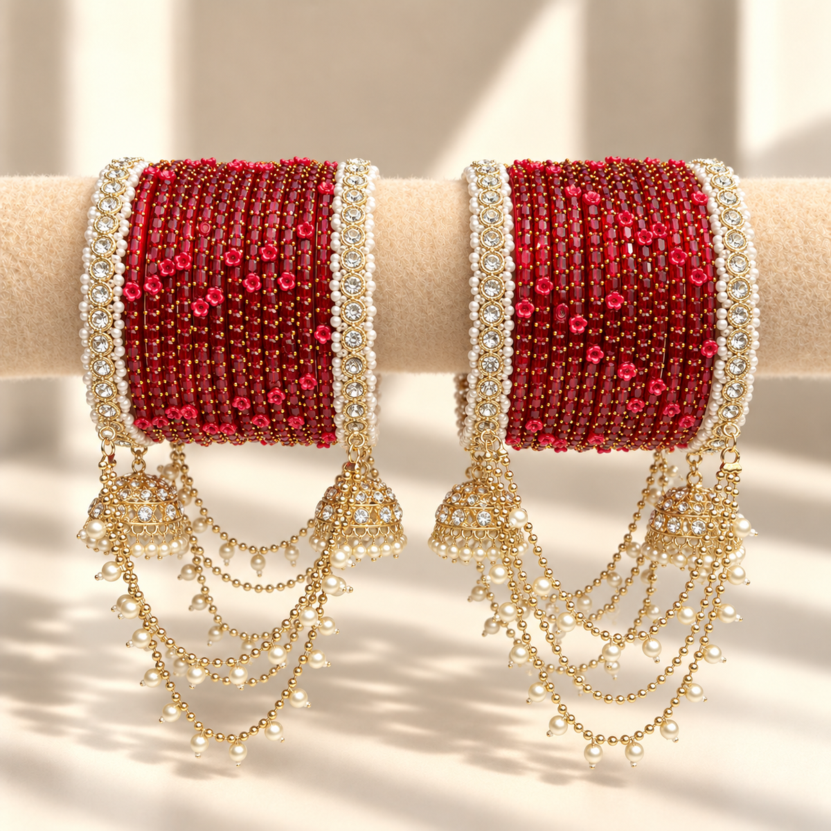 Pearl Jhula Chain Glass Bangle Set