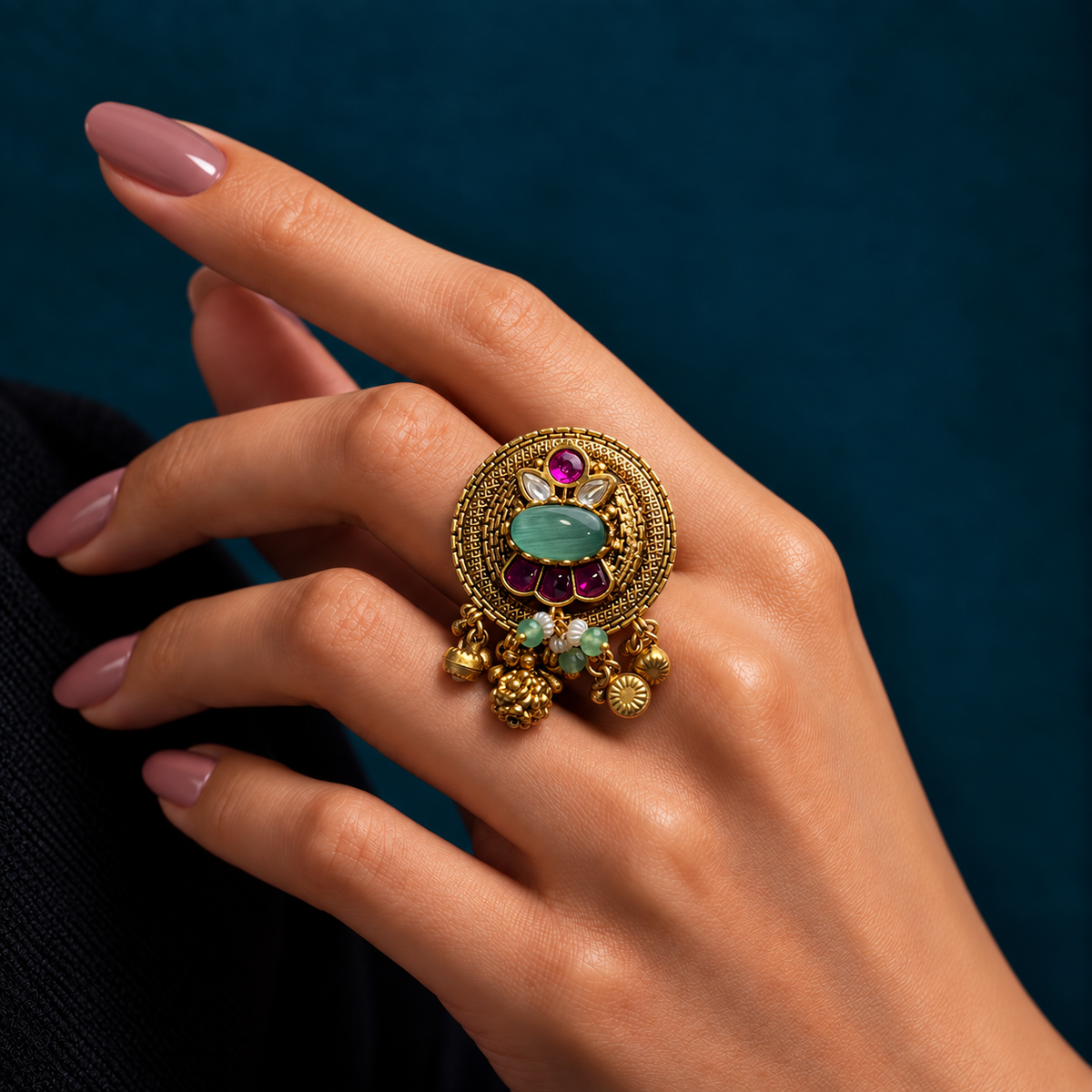 Round Motif Drop Charm Ring