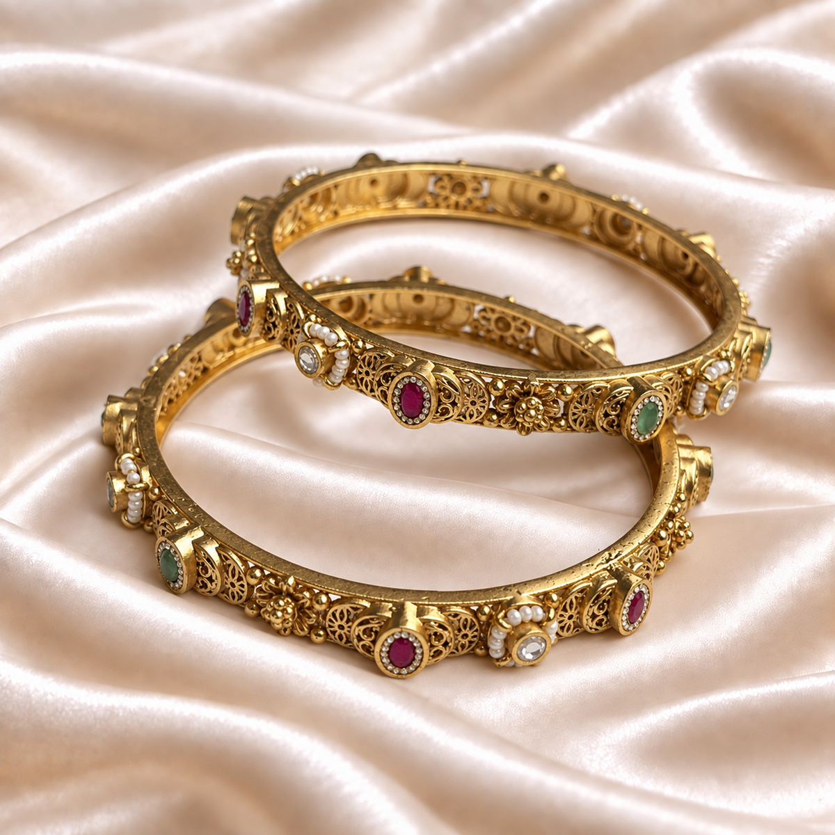 Rajwada Oval Stone Pearl Detailing Floral Kada