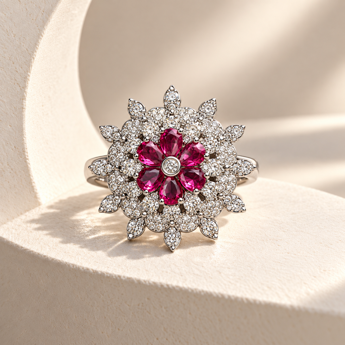Layered Flower AD Stone Ring