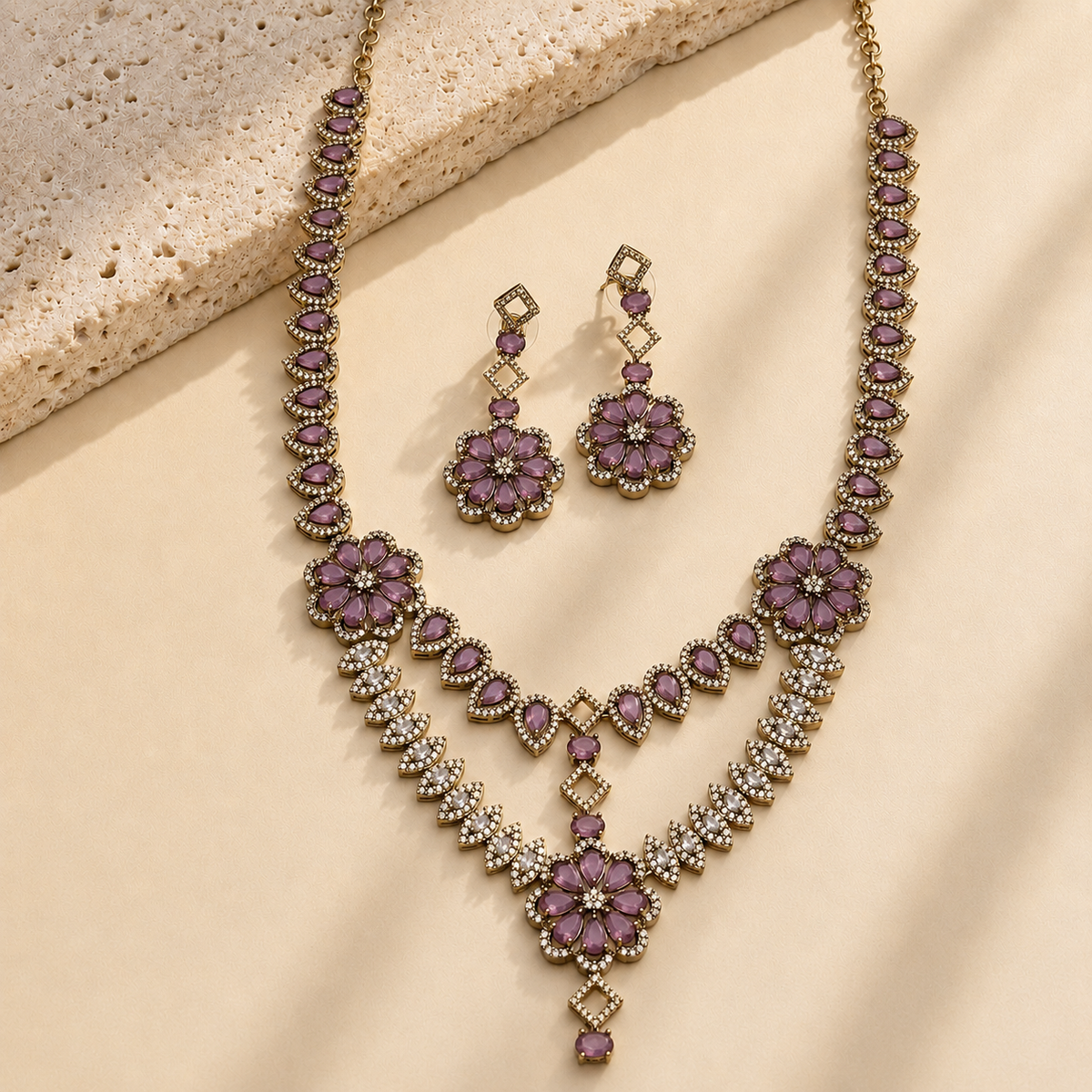 American Diamond Two Layer Floral Necklace Set