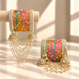Pearl Jhula Chain Glass Bangle Set