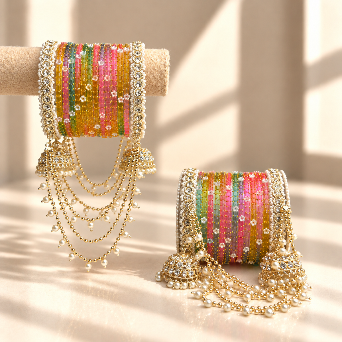 Pearl Jhula Chain Glass Bangle Set