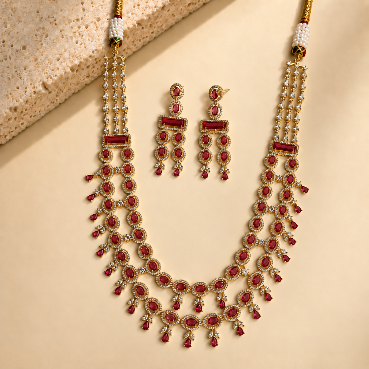 American Diamond Layered Drop Necklace Set