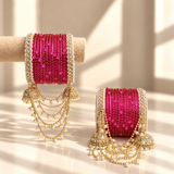 Pearl Jhula Chain Glass Bangle Set