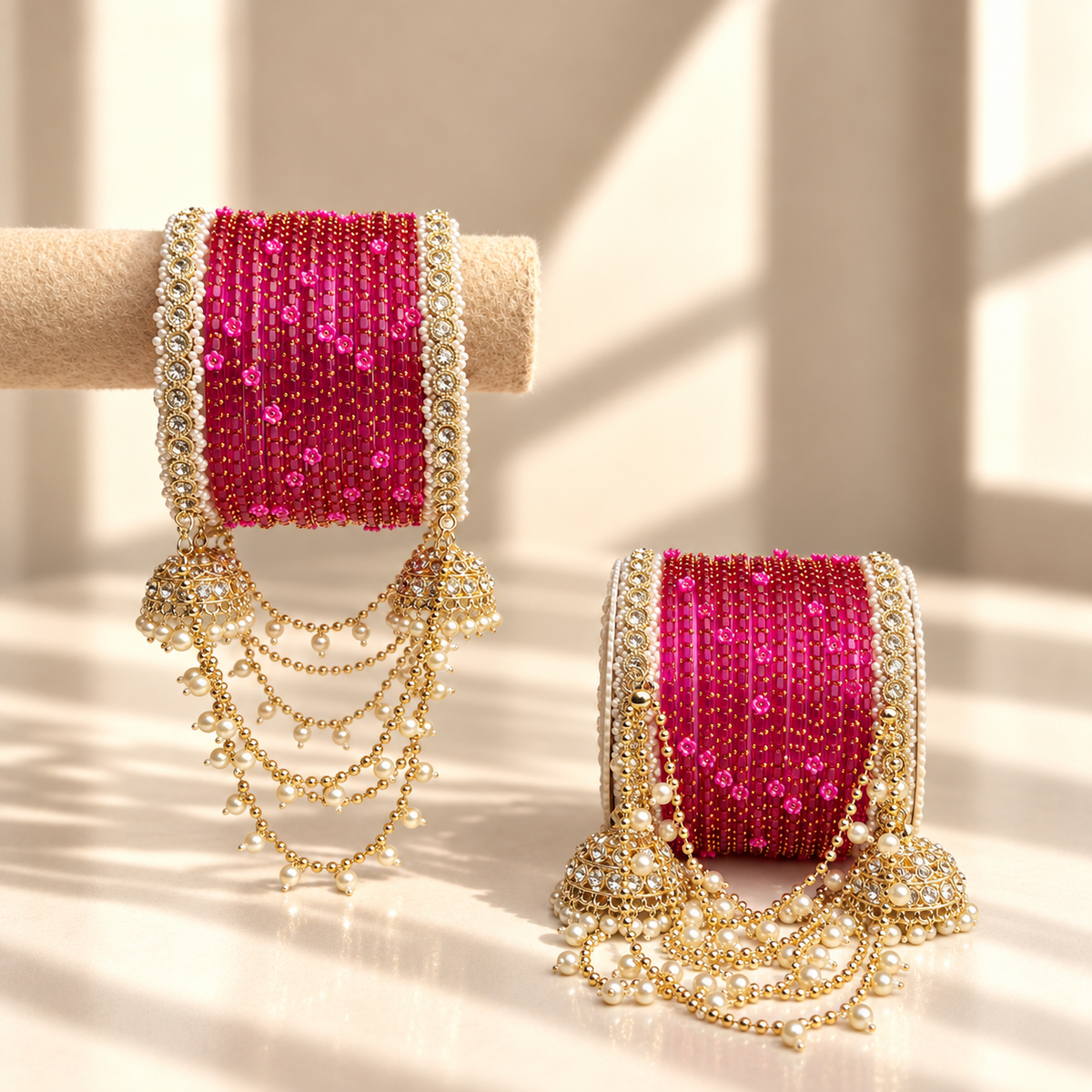 Pearl Jhula Chain Glass Bangle Set