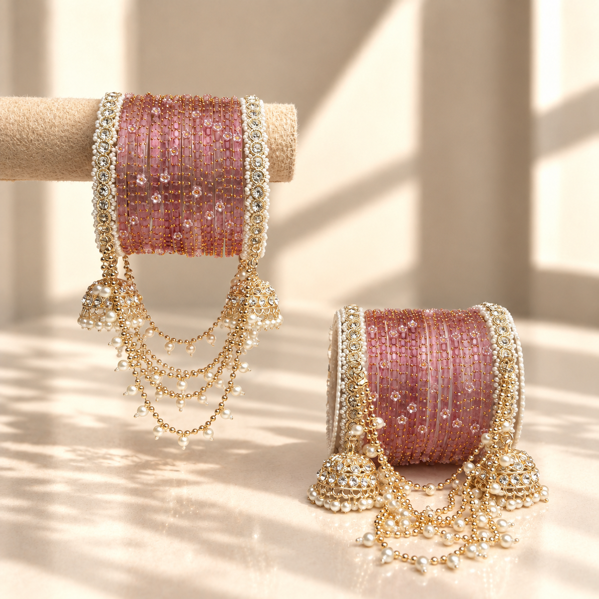 Pearl Jhula Chain Glass Bangle Set