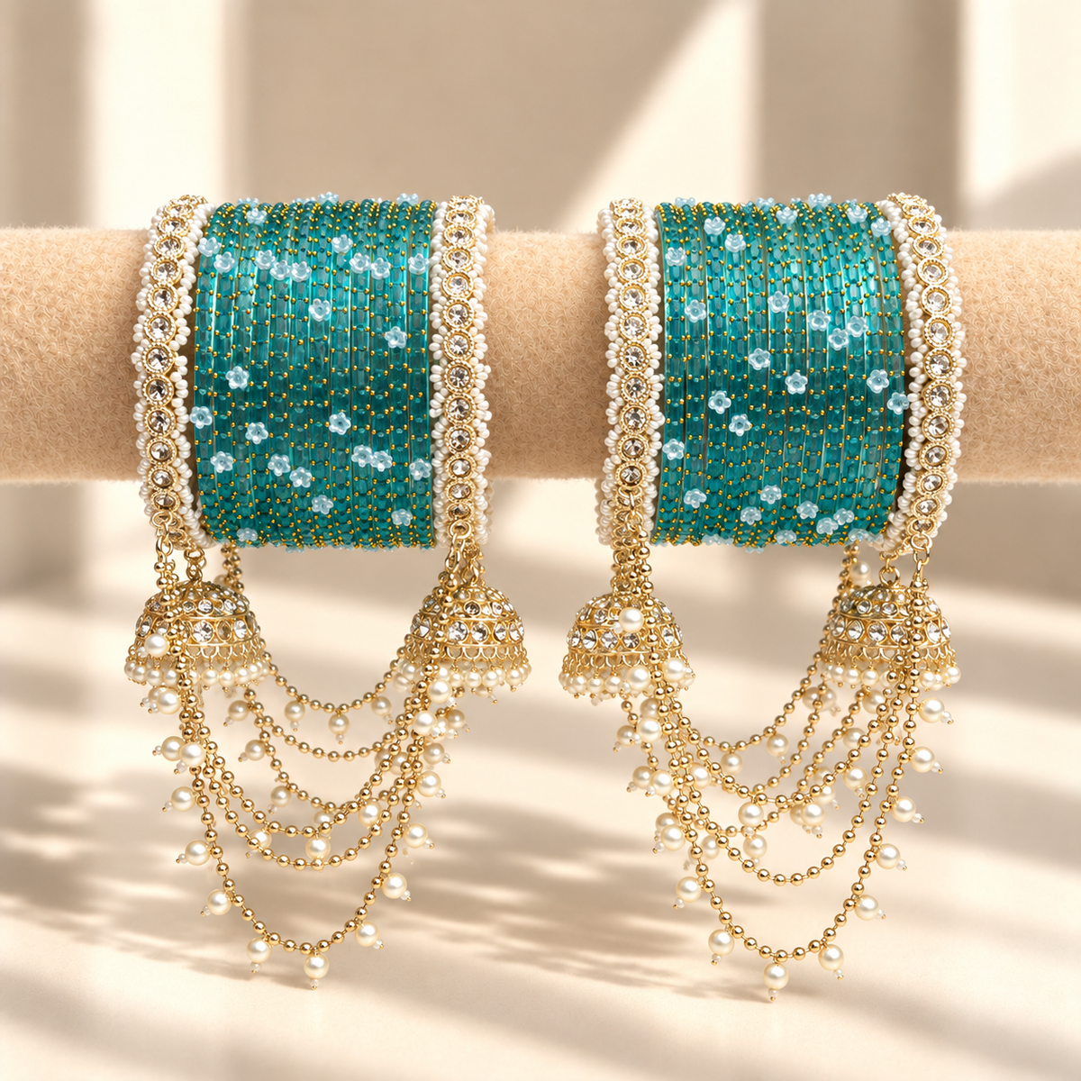 Pearl Jhula Chain Glass Bangle Set