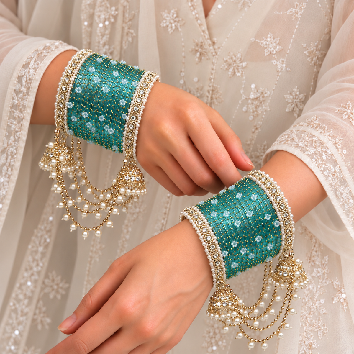 Pearl Jhula Chain Glass Bangle Set