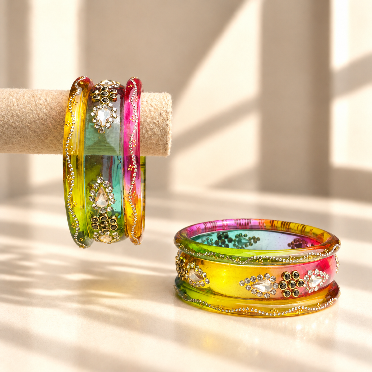 Drop Stone Short Glass Kada Bangle Set