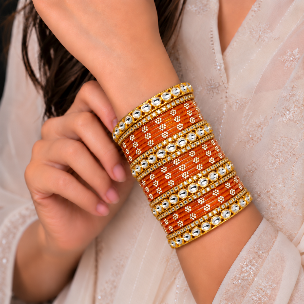 Floral Kundan Stone Bangle Set