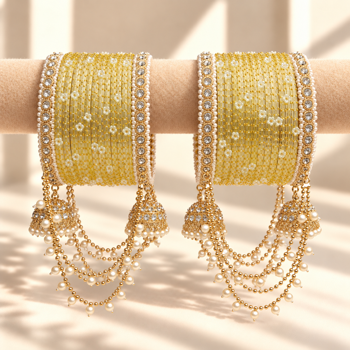 Pearl Jhula Chain Glass Bangle Set