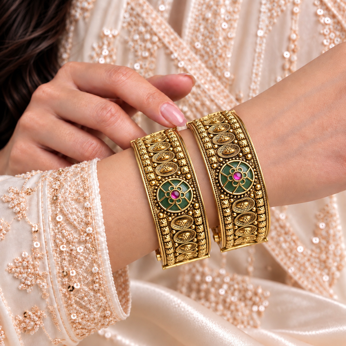 Rajwada Carved Floral Stone Openable Kada