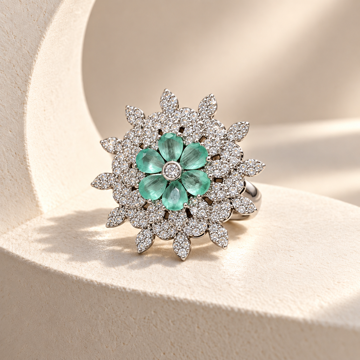 Layered Flower AD Stone Ring