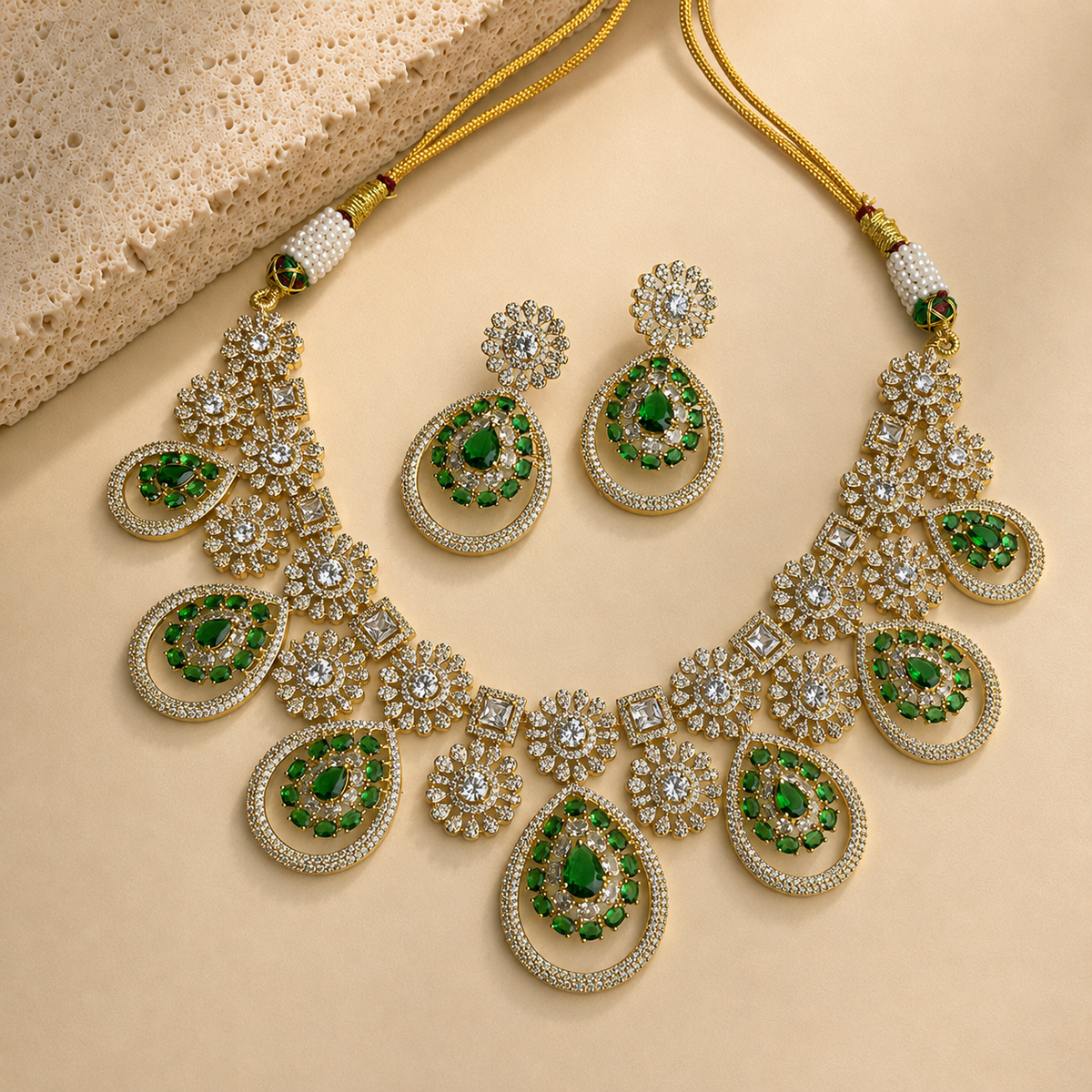 American Diamond Circular Pendant Necklace Set