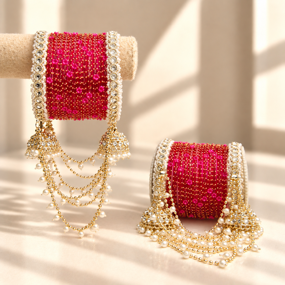 Pearl Jhula Chain Glass Bangle Set