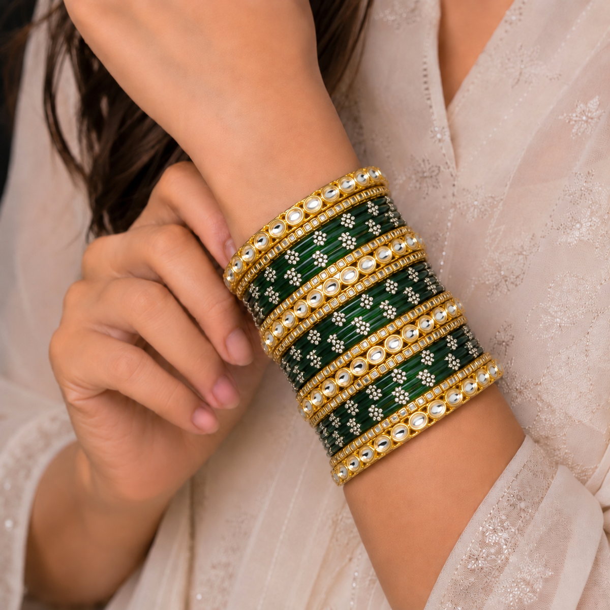 Floral Kundan Stone Bangle Set