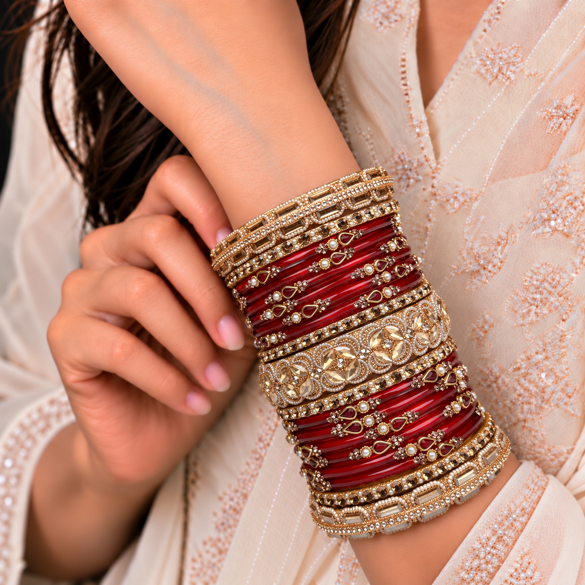 Floral Drop Stone Glass Bangle Set