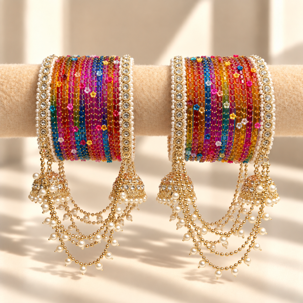Pearl Jhula Chain Glass Bangle Set