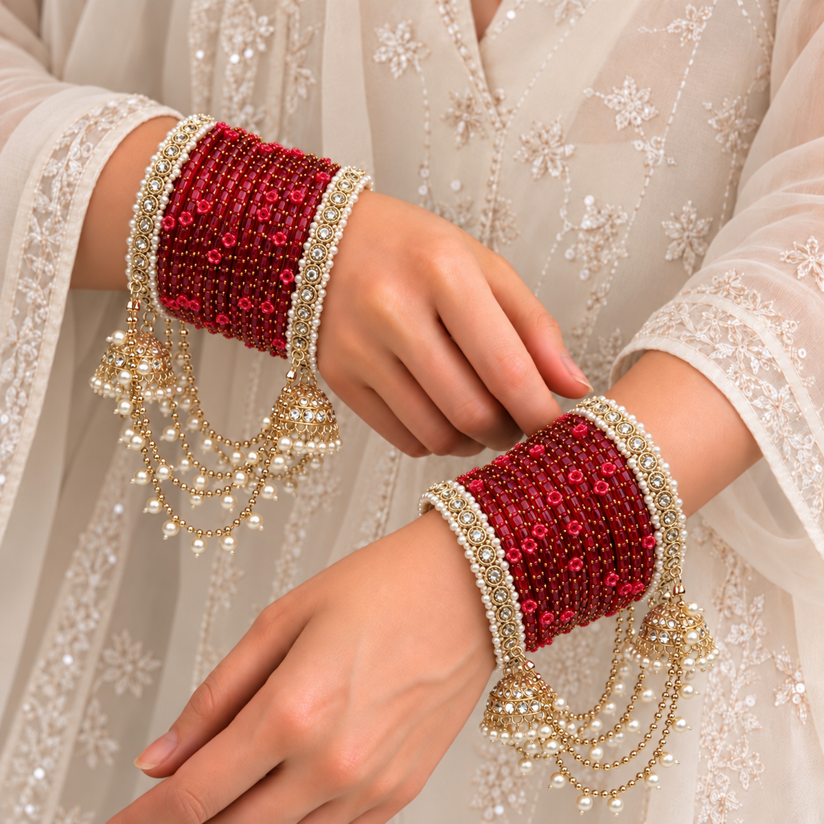 Pearl Jhula Chain Glass Bangle Set