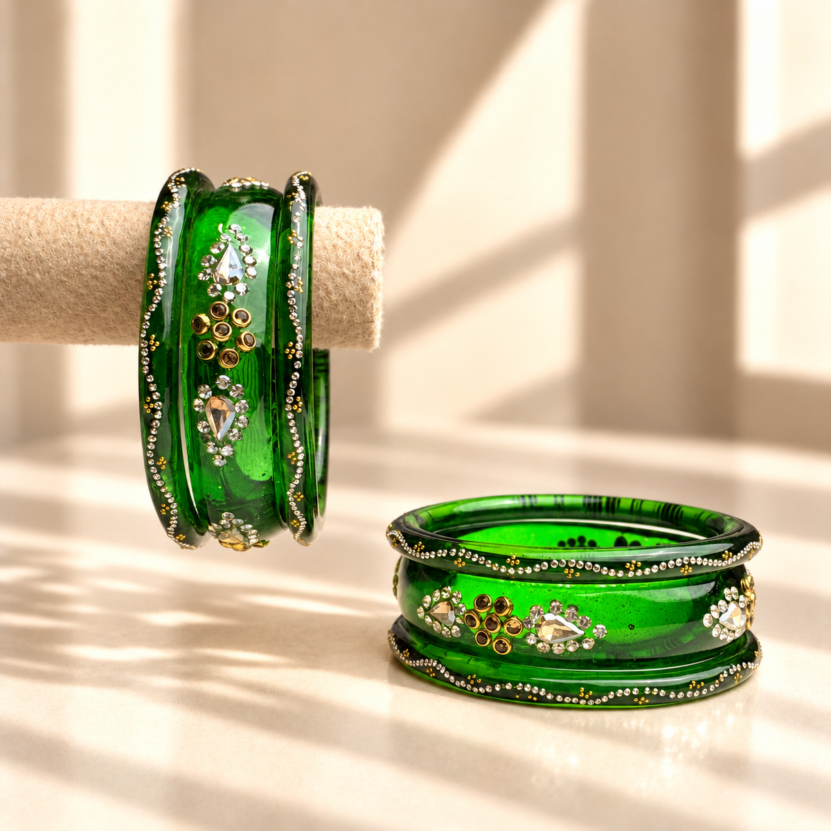 Drop Stone Short Glass Kada Bangle Set