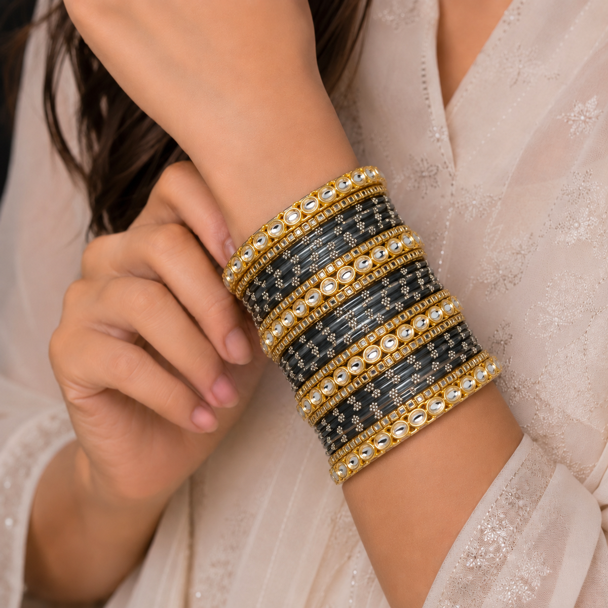 Floral Kundan Stone Bangle Set
