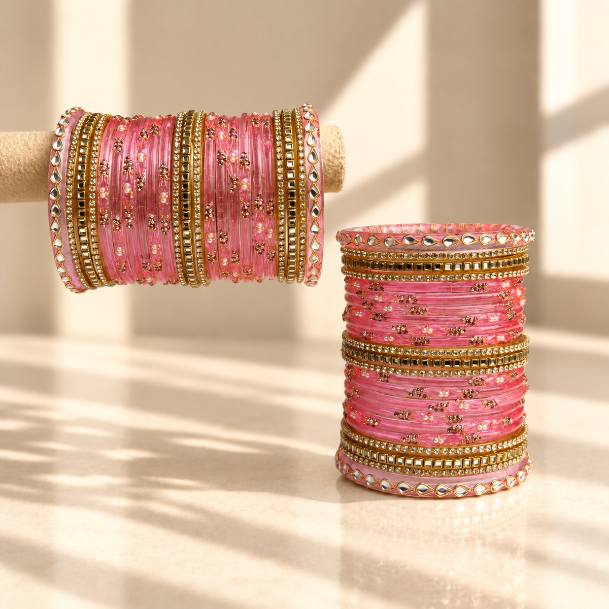 Kundan Square Drop Glass Bangle Set