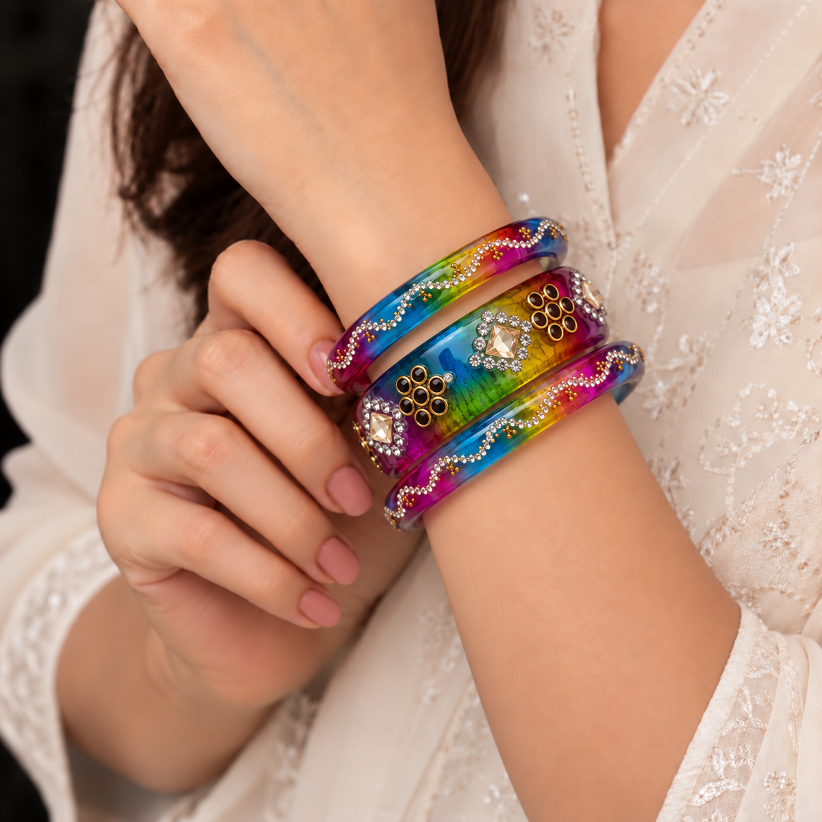 Drop Stone Short Glass Kada Bangle Set