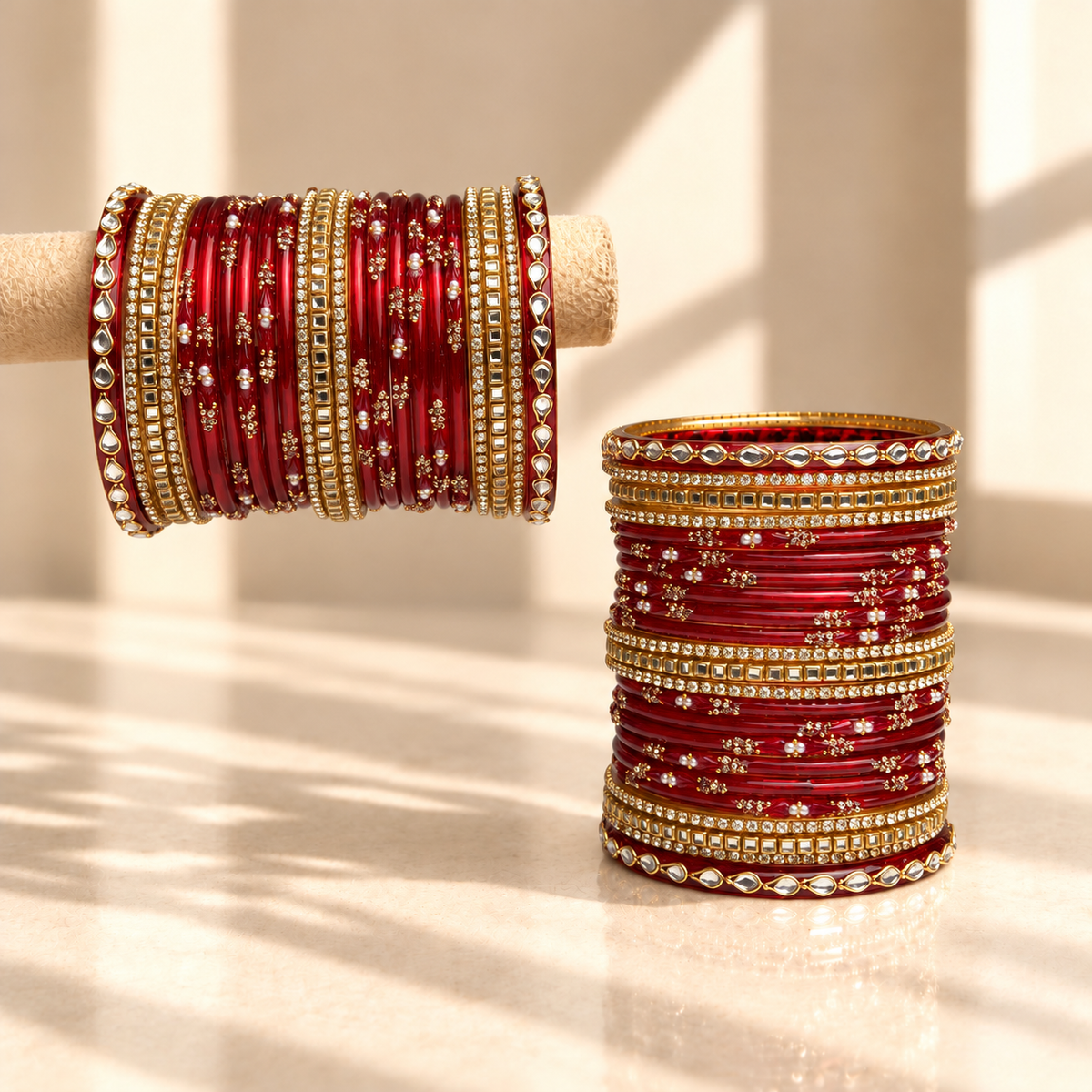 Kundan Square Drop Glass Bangle Set