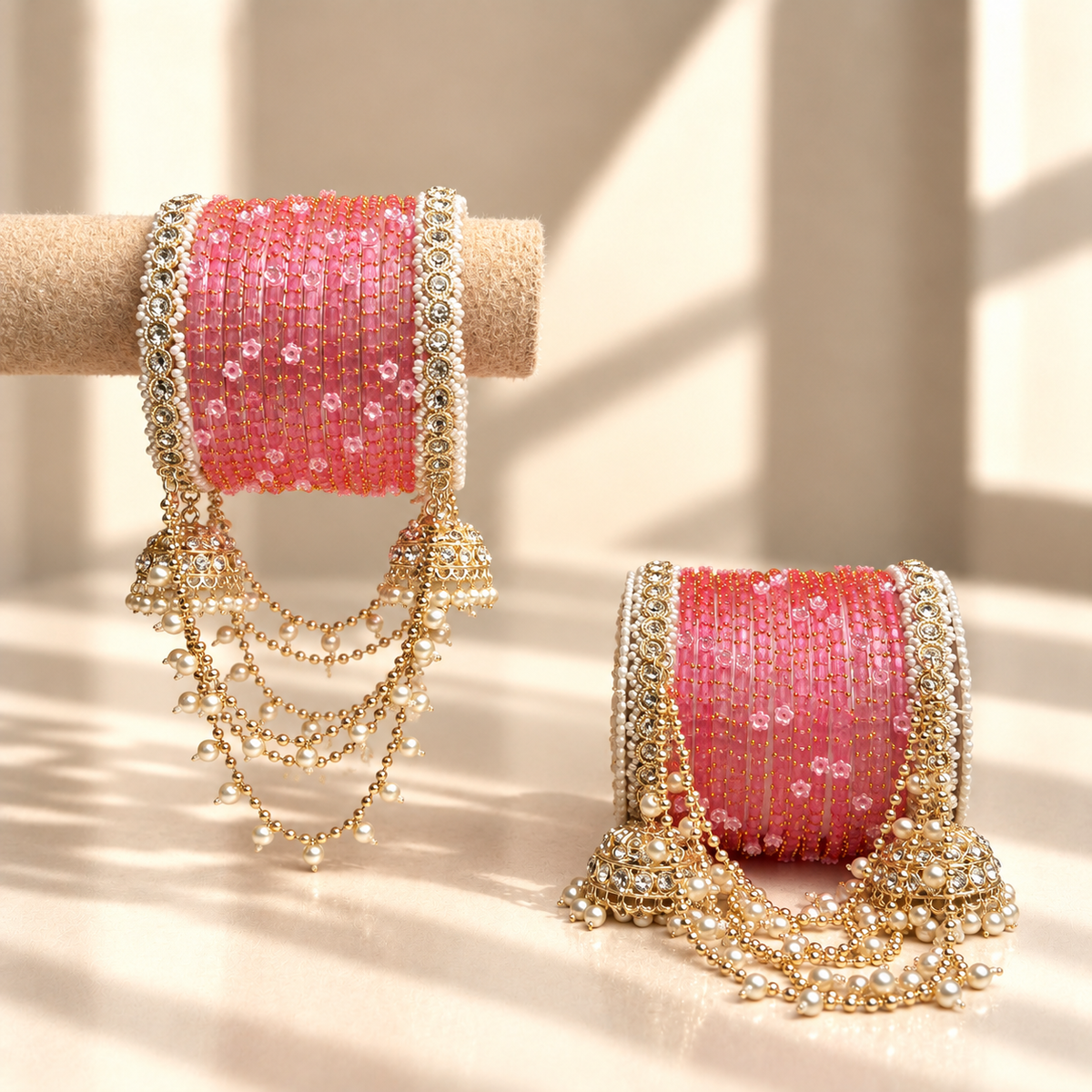 Pearl Jhula Chain Glass Bangle Set