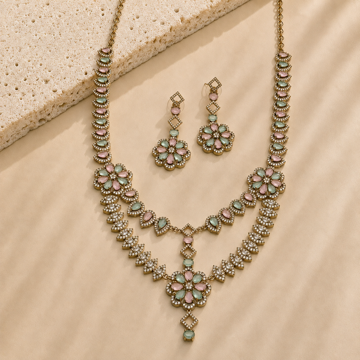 American Diamond Two Layer Floral Necklace Set