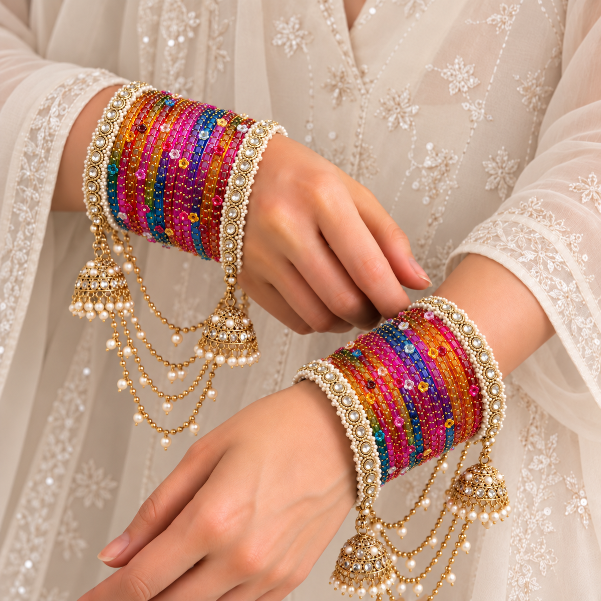 Pearl Jhula Chain Glass Bangle Set
