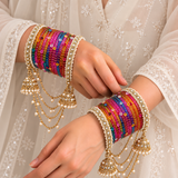 Pearl Jhula Chain Glass Bangle Set