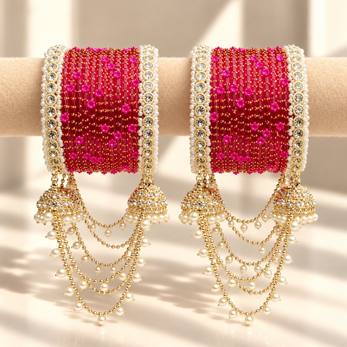 Pearl Jhula Chain Glass Bangle Set