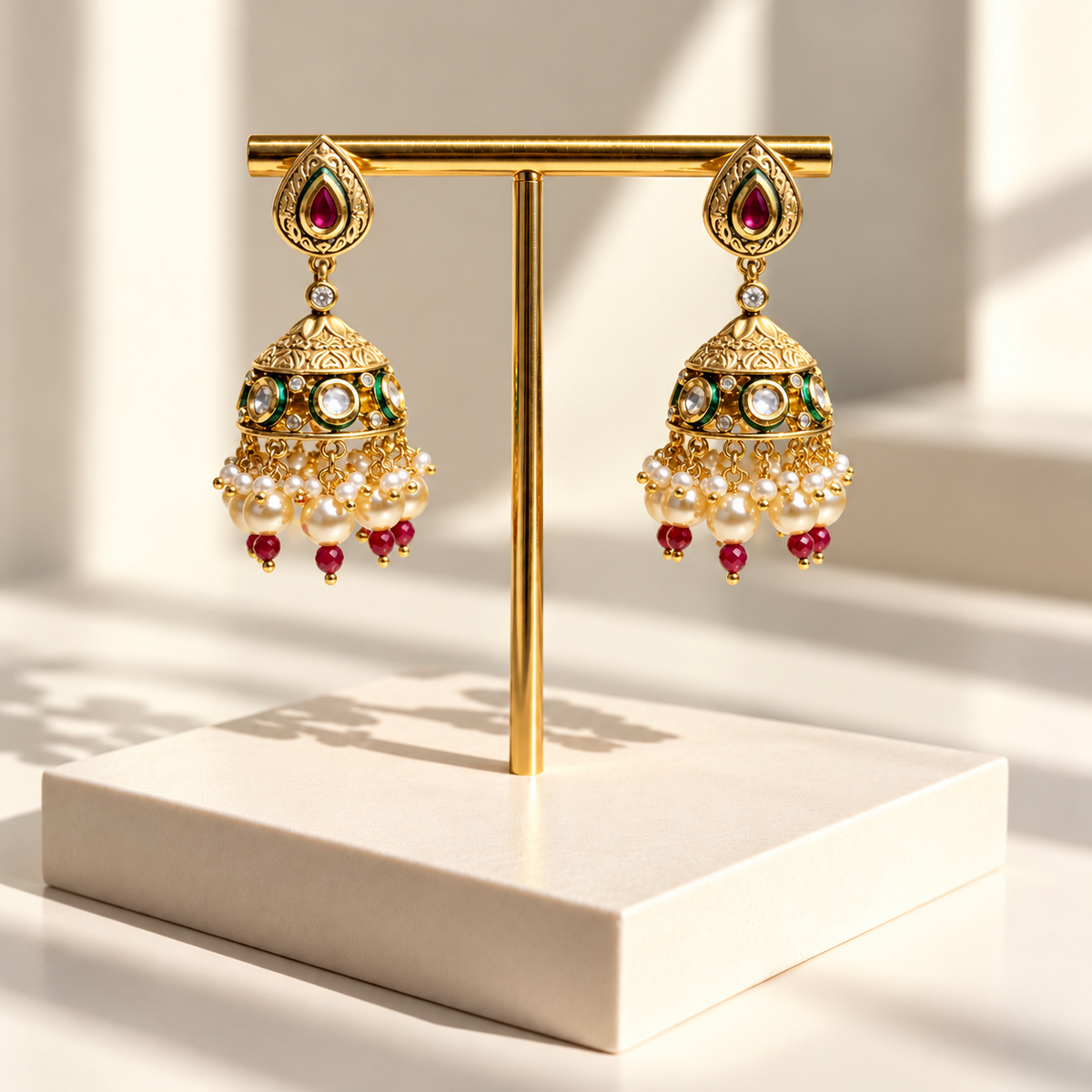 Carved Dome Pearl Jhumka Earrings