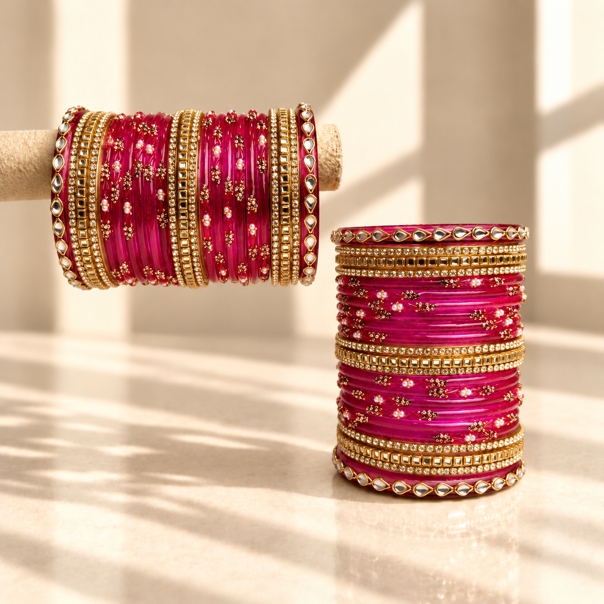 Kundan Square Drop Glass Bangle Set