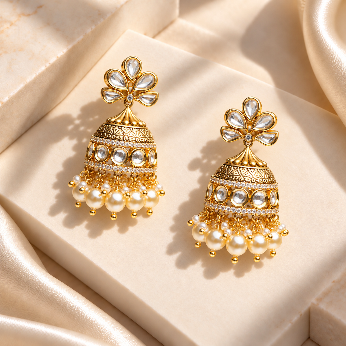 Floral Stone Pearl Jhumkas