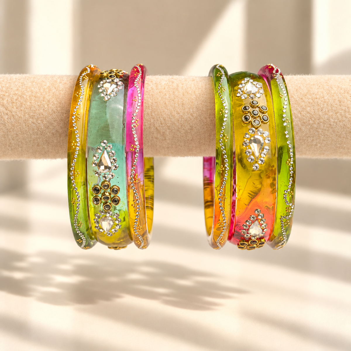 Drop Stone Short Glass Kada Bangle Set