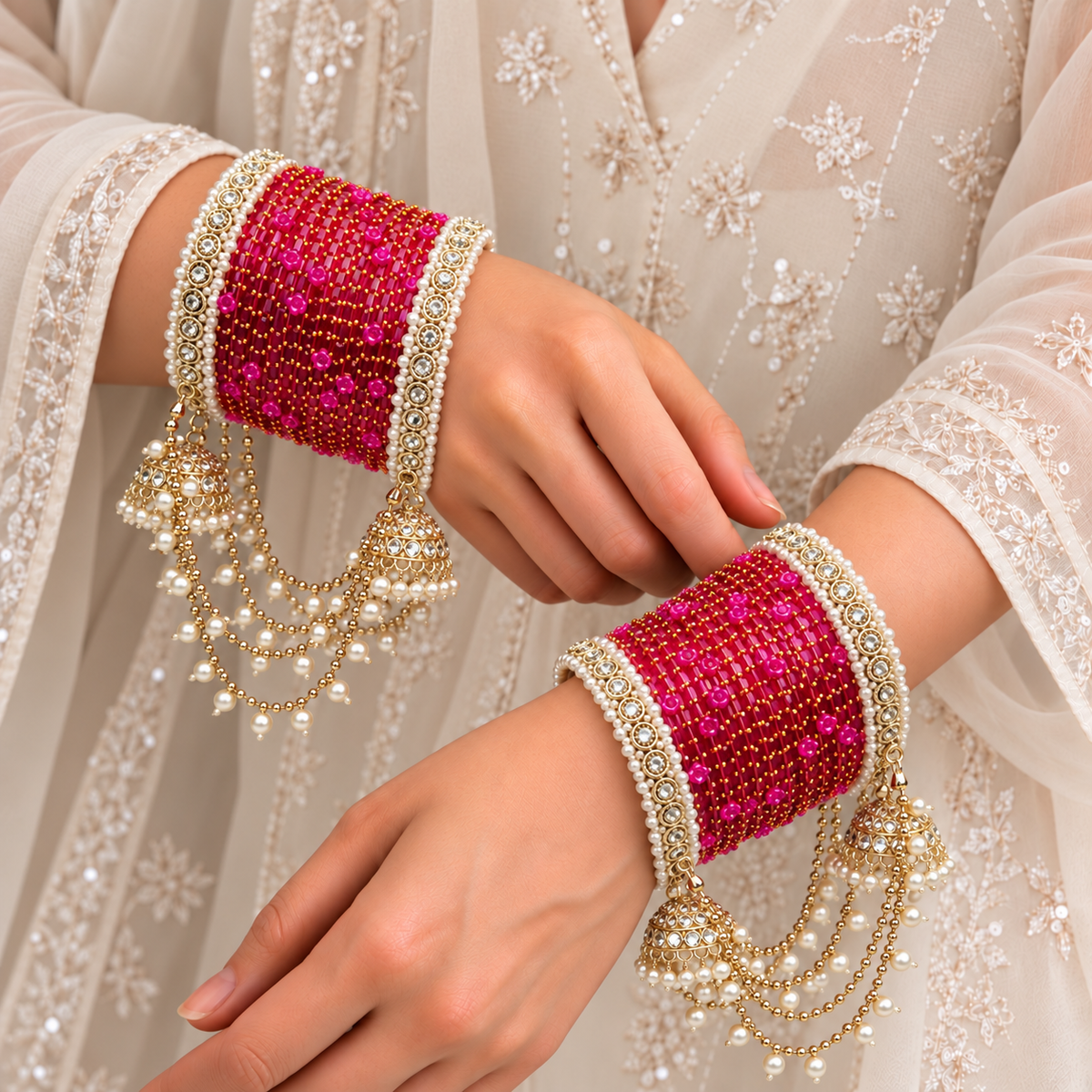 Pearl Jhula Chain Glass Bangle Set