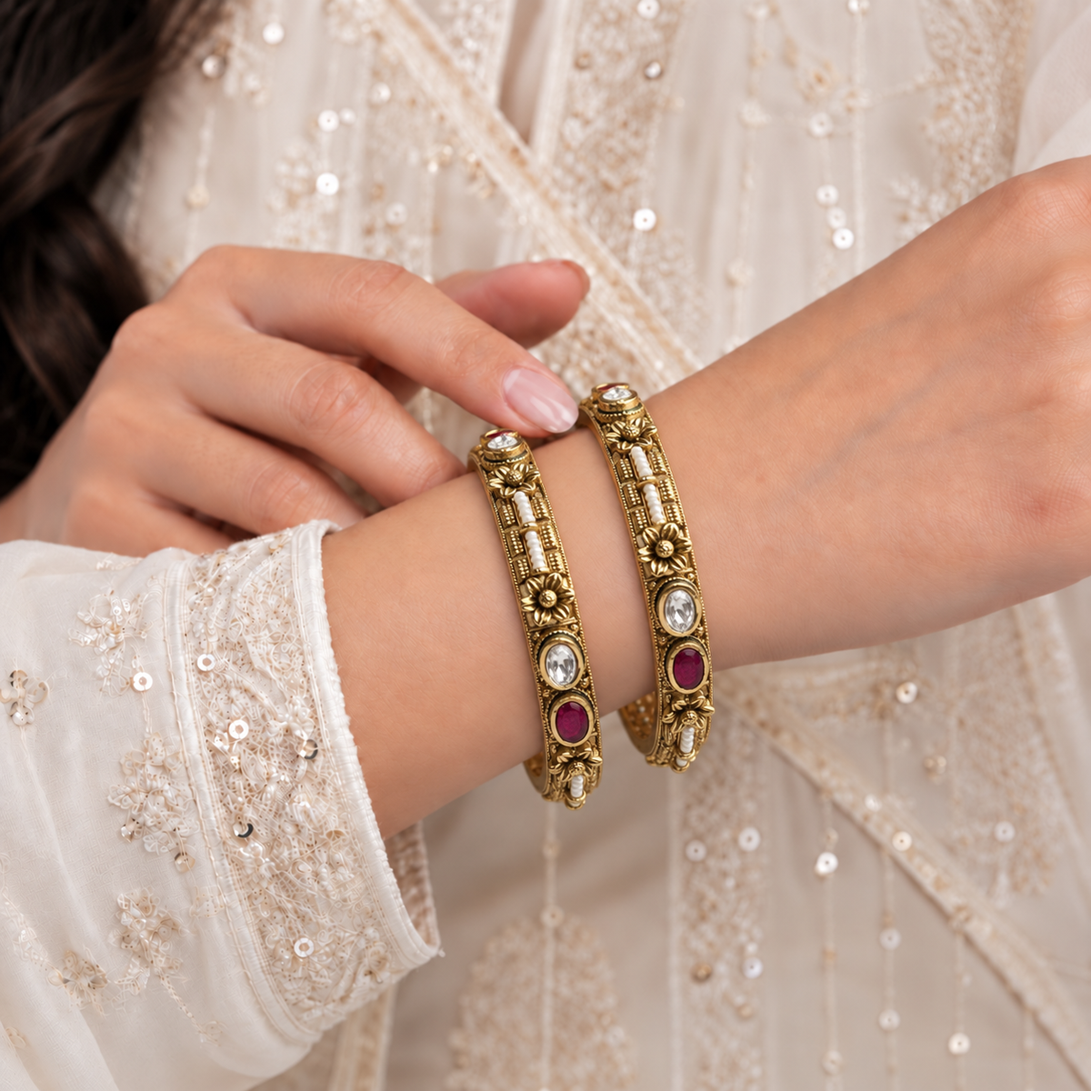 Rajwada Floral Pearl Kada Pair