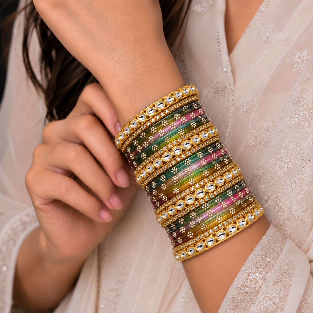 Floral Kundan Stone Bangle Set