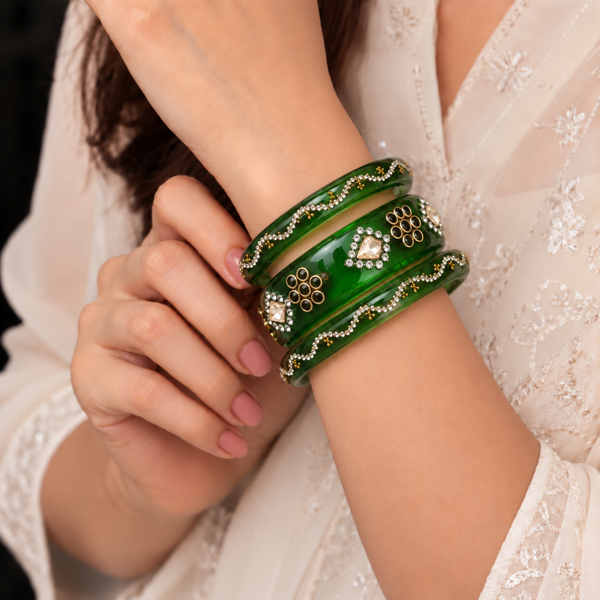Drop Stone Short Glass Kada Bangle Set