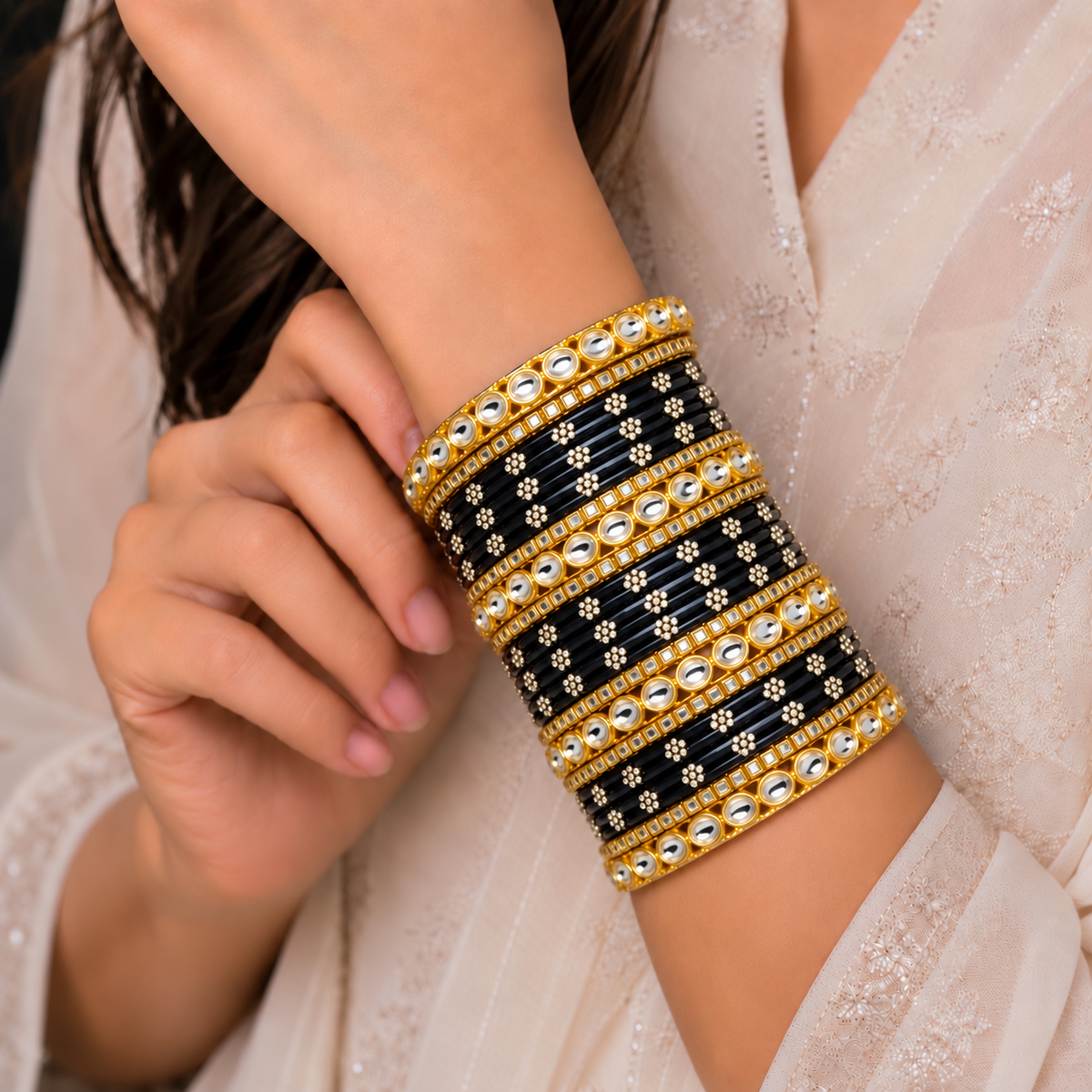 Floral Kundan Stone Bangle Set